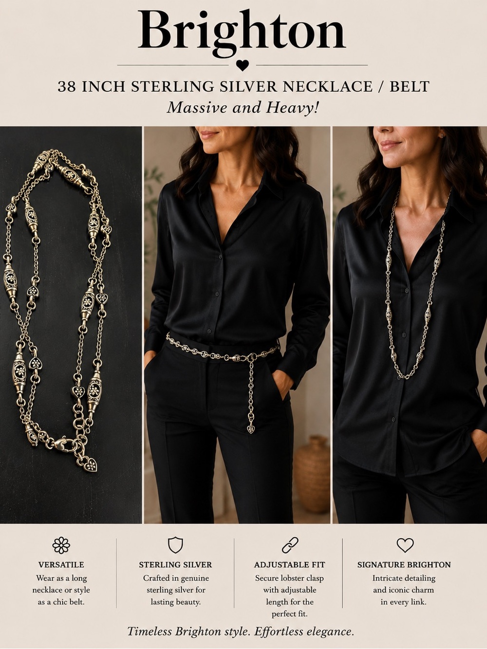 Brighton Silver Long Necklace / Belt with Heart Accents